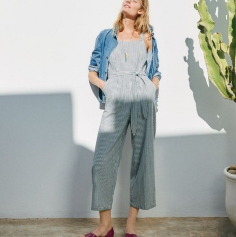 Madewell Muralist Blue White Striped Crop Wide Leg Tie Jumpsuit Chambray Size  0